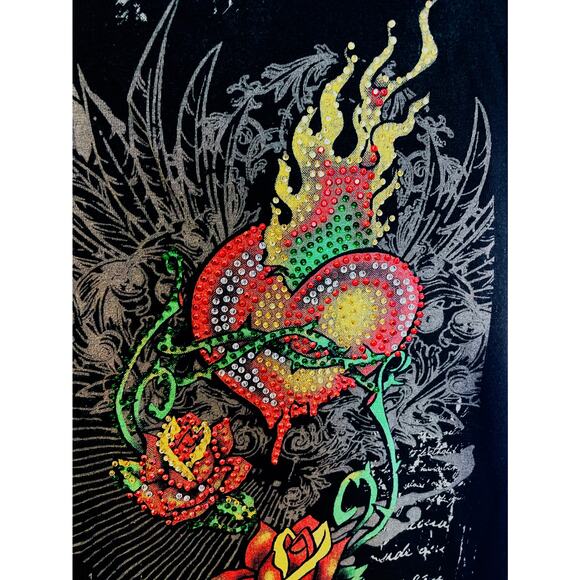 Ed Hardy Christian Audigier Rhinestone Heart Rose T-Shirt Black Size S - Picture 3 of 4